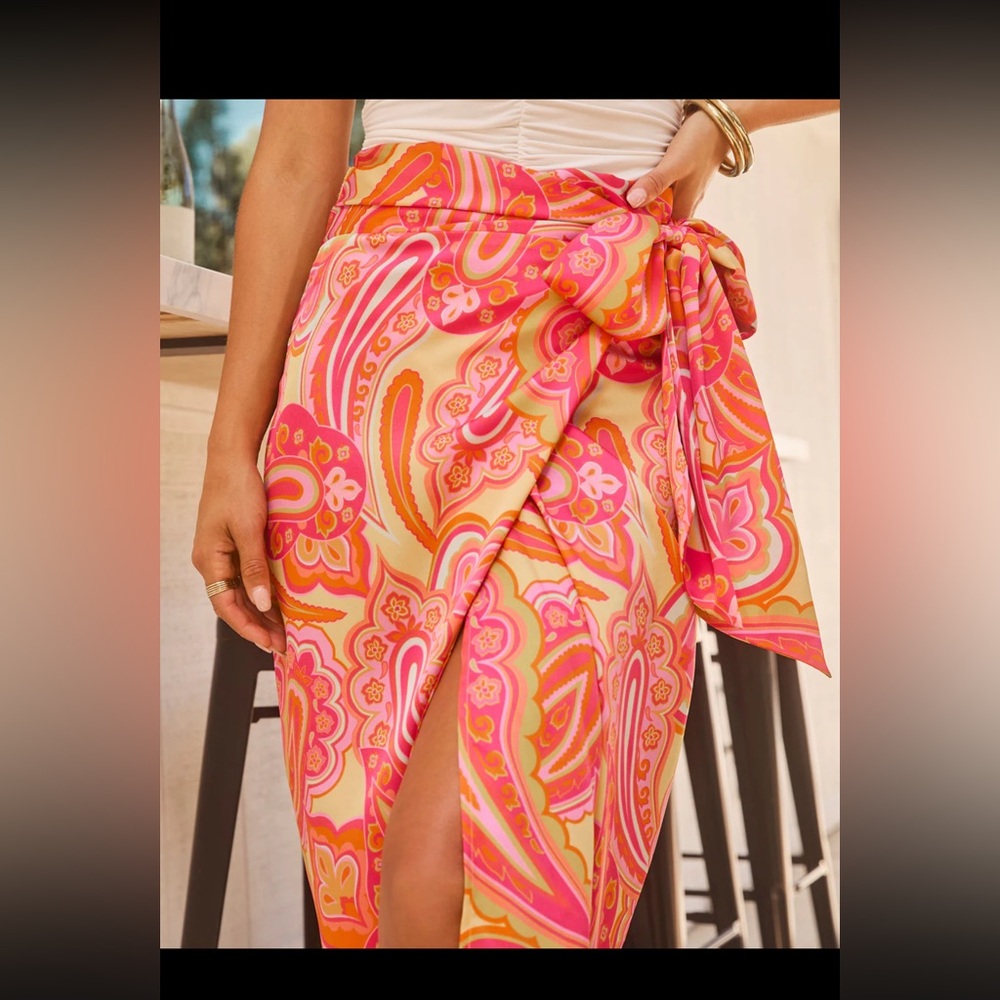 Vici Pink and White Wrap Midi Skirt - Picture 2 of 4